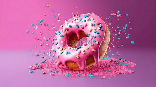 美食节背景图片_蓝色背景上隔离的空气中飞舞的磨砂甜甜圈的 3D 渲染