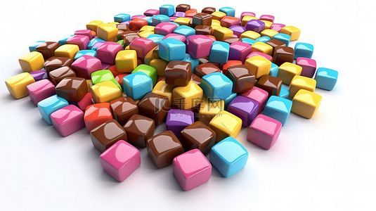 白色背景上彩色色调的充满活力的方形巧克力糖果的 3D 插图