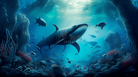 海下生物鲨鱼插画背景