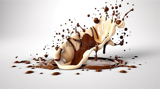 巧克力片层叠成巧克力酱池的 3D 插图，并溅上牛奶奶油