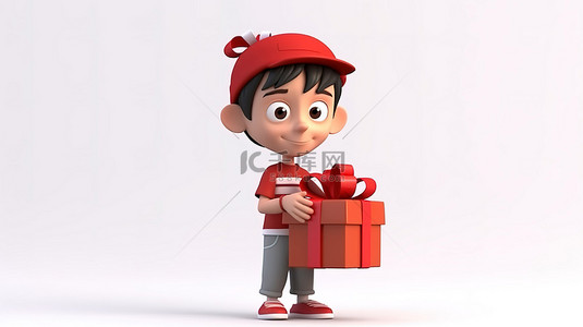 可爱的 3D 青少年角色享受红色礼物的乐趣