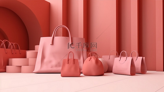 网上购物背景背景图片_现代时尚商店中巨型购物袋网上购物的 3D 插图