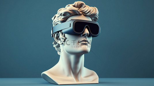 财经头像背景图片_改造后的古典头像雕塑插图，通过 3D 渲染注入后现代风格和 VR 面罩耳机