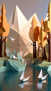 雪景卡通图片背景图片_森林湖泊高山帆船折纸风背景