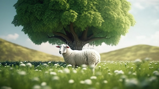 古尔邦节鼓舞人心的场景，年轻的白羊在 3D 渲染中的一棵宏伟的树下，在郁郁葱葱的绿草上吃草