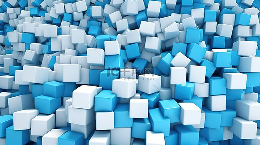 一群站在蓝色背景上的白色立方体的抽象 3D 渲染
