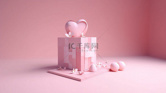 粉红色背景 3D 渲染母亲节卡片，带有带有文本插图的立方体