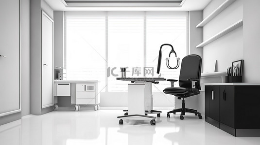 为医疗专业人员提供的现代单色工作空间，配备计算机听诊器和剪贴板 3D 渲染