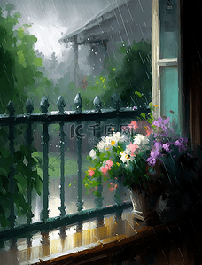 鲜花植物雨中的阳台花园油画花卉背景