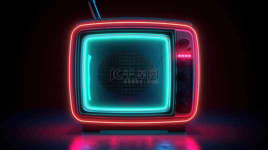 电视节目图标背景图片_霓虹灯色调 3D 渲染的 ui ux 界面元素中发光的老式电视图标
