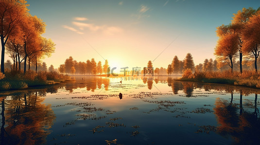令人惊叹的 3D 渲染，呈现宁静的湖泊倒影和日出时充满活力的树叶
