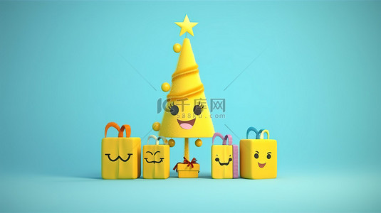 欢快的黄色 3d 圣诞字体伴随着欢快的表情符号俏皮的圣诞树和挂在蓝色背景上的令人愉快的礼品盒