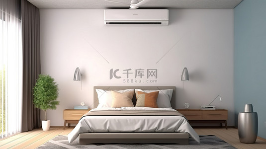 调理背景图片_带床和便携式空调的房间的 3D 渲染