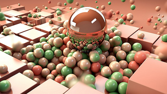 粉红色棕色和绿色球体和立方体的抽象 3D 渲染