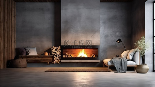 时尚的阁楼壁炉，配有混凝土墙和艺术品燃烧的火焰和原木 3D 插图