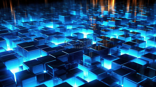 蓝色科技感电脑背景图片_蓝色立方体和发光面板的令人难以置信的未来主义插图代表了技术的进步