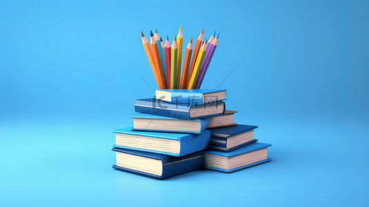 蓝色背景与 3D 书籍和铅笔描绘了教育的本质