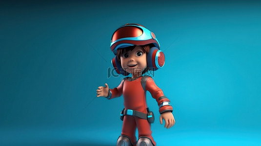 俏皮的 3D 插画卡通小孩戴着 VR 耳机