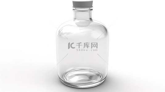 白色背景 3D 渲染中逼真的透明玻璃瓶