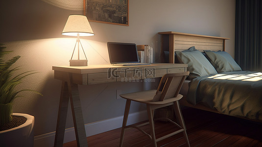 在 3D 渲染中关闭时尚卧室书桌和舒适床的视图