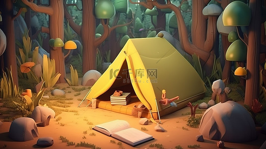 插图 3D 背景中孩子的露营冒险