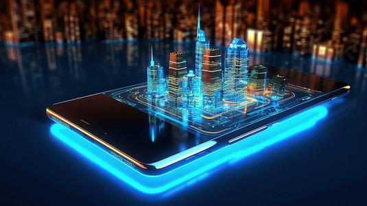 智慧城市插画背景图片_高科技城市景观 3D 渲染中智能手机照亮的未来智能建筑
