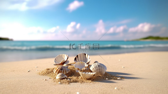 度假沙滩背景背景图片_贝壳遍布的沙滩海岸线令人惊叹的海洋和天空景色