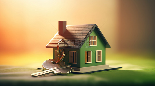 象征房地产投资和抵押贷款概念的房屋形状钥匙的 3D 渲染