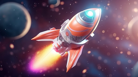 卡通风格的 3D 插图，展示一艘宇宙飞船发射到太空以发现银河系中的新行星