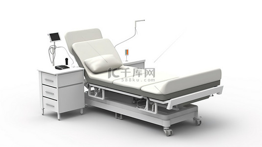 护理医院背景图片_配备电子控制台控制滴管和白色背景带阴影桌子的医院病床的 3D 渲染