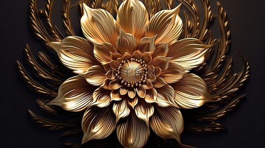 图案精美设计装饰背景图片_镀金花卉艺术精美的 3D 插图豪华贵金属背景