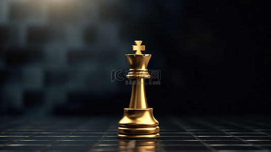 商业竞争背景图片_胜利的国际象棋国王在 3D 渲染中在黑暗的墙壁上与金色棋子和竞争概念