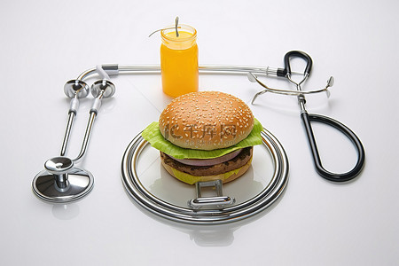 芝士焗饭背景图片_带有芝士汉堡和听诊器的东西