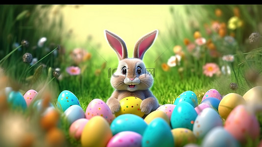 胖乎乎的复活节兔子和彩色鸡蛋的 3D 渲染，用于寻蛋卡通横幅