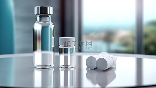 完整药物套件的 3D 渲染，显示塑料瓶白色药丸和一杯水