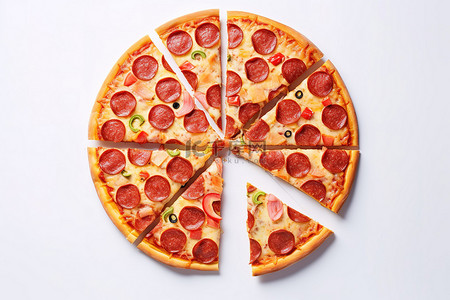 白色背景上的小片披萨，上面有意大利辣香肠