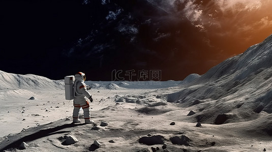 孤独的太空探索者站在月球表面的陨石坑中 3d 渲染