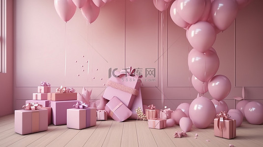 粉色公主派对 3d 渲染生日快乐文本气球和墙上的礼物