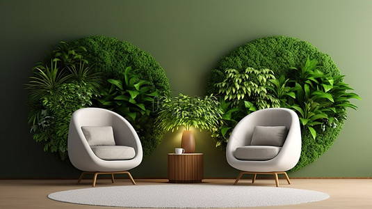情侣们在拥有郁郁葱葱的绿色墙壁和 3D 植物装饰的客厅里休闲放松
