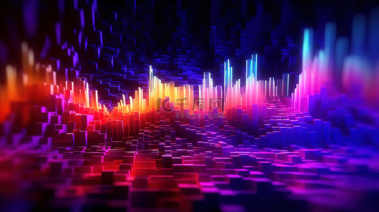 音乐主题背景图片_抽象技术主题中带有霓虹灯发光波的音频可视化背景的充满活力的 3D 渲染