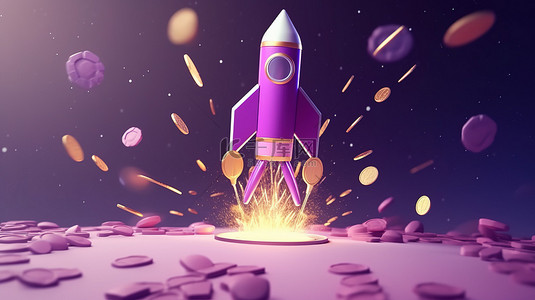 火箭背景图片_火箭喷气机发射到未来 3d 渲染的概念，启动速度和增长与硬币和星星在紫色柔和背景下以最小的卡通风格