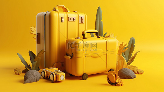 旅行主题 3D 手提箱，配饰在黄色背景上展示，具有引人注目的视觉概念