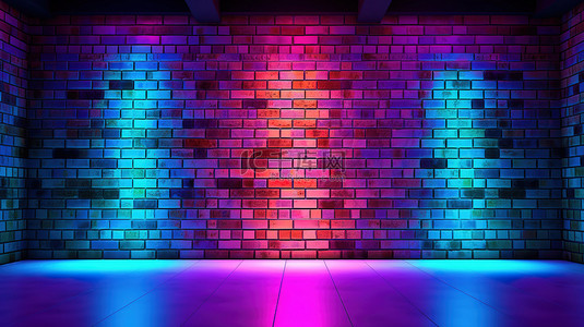 破损白墙面背景图片_砖墙背景的霓虹灯房间的 3D 插图