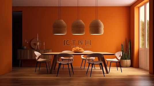 沉浸式室内设计 3D 渲染图和木纹注入橙色餐厅的插图
