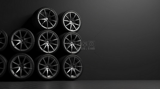 光滑的汽车轮子靠在黑墙上 3D 渲染的海报和封面插图