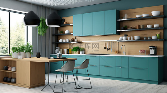 深绿背景图片_现代厨房家具采用深绿松石色普罗旺斯风格的内饰，带有时尚的触感 3D 视图