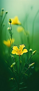 绿色模糊背景的草地上的黄色花朵