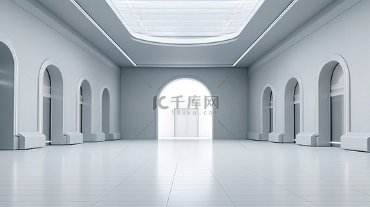 展厅开放背景图片_当代展厅背景的 3D 渲染，具有开放和宽敞的前视图