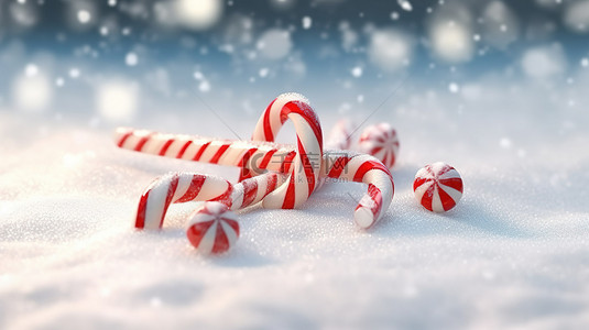 3D 渲染的圣诞糖果手杖在白雪皑皑的背景下