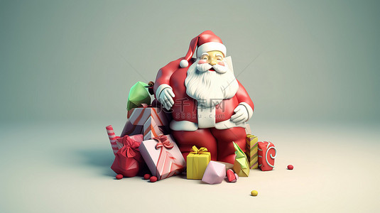 节日快乐 3d 圣诞老人带着一袋礼物圣诞糖果和树